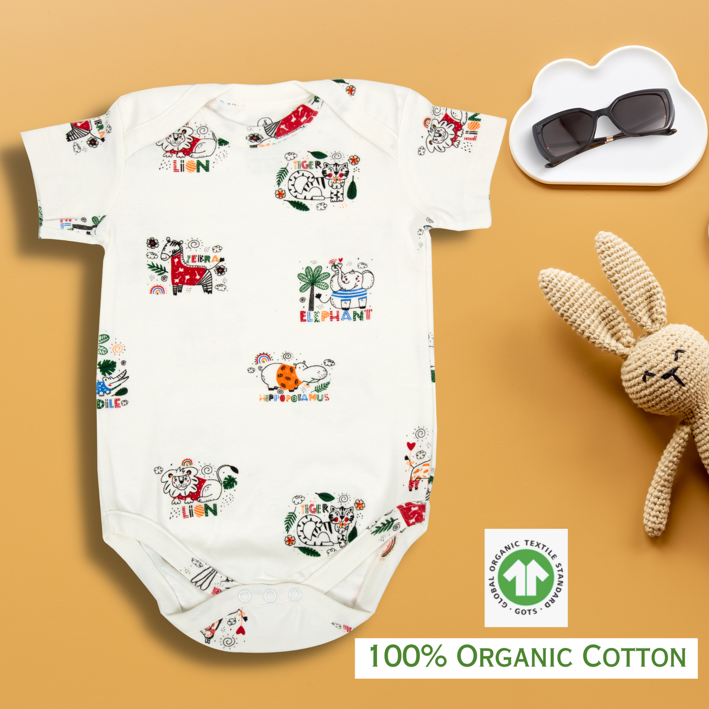 Adorable organic cotton baby onesie with animal theme