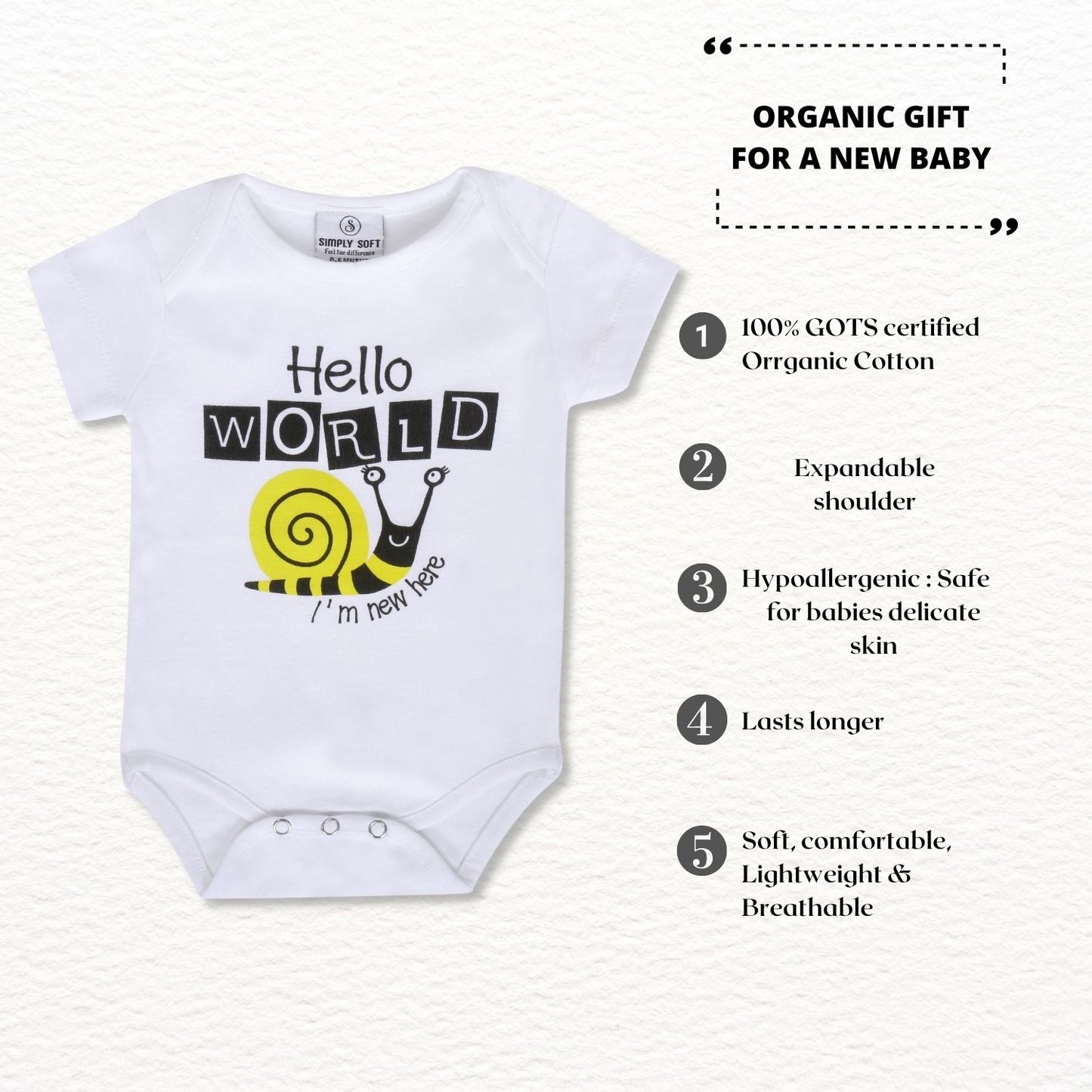 "Hello World, I'm New Here" Organic Cotton Baby Onesie