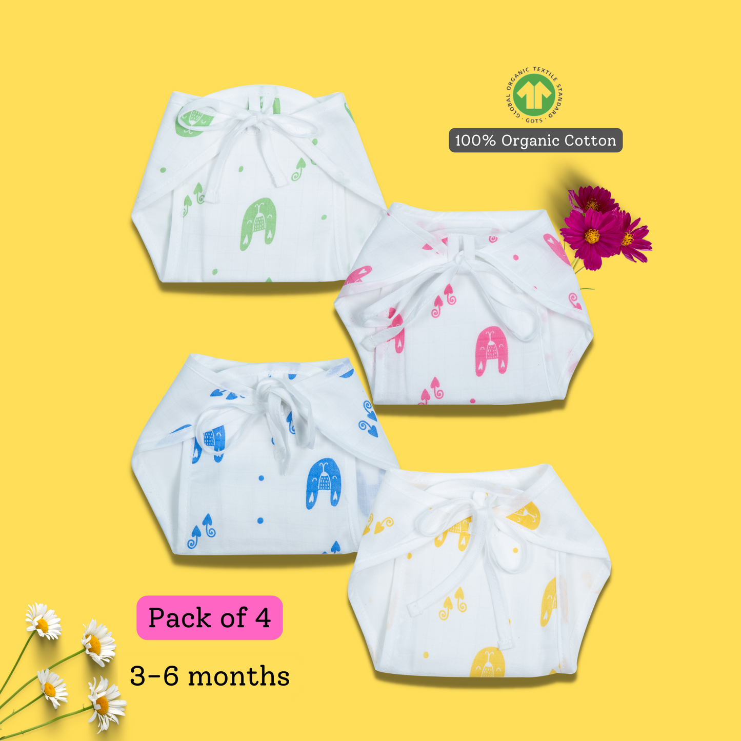 Organic Cotton Reusable Cloth Nappies  (Pack of 4)