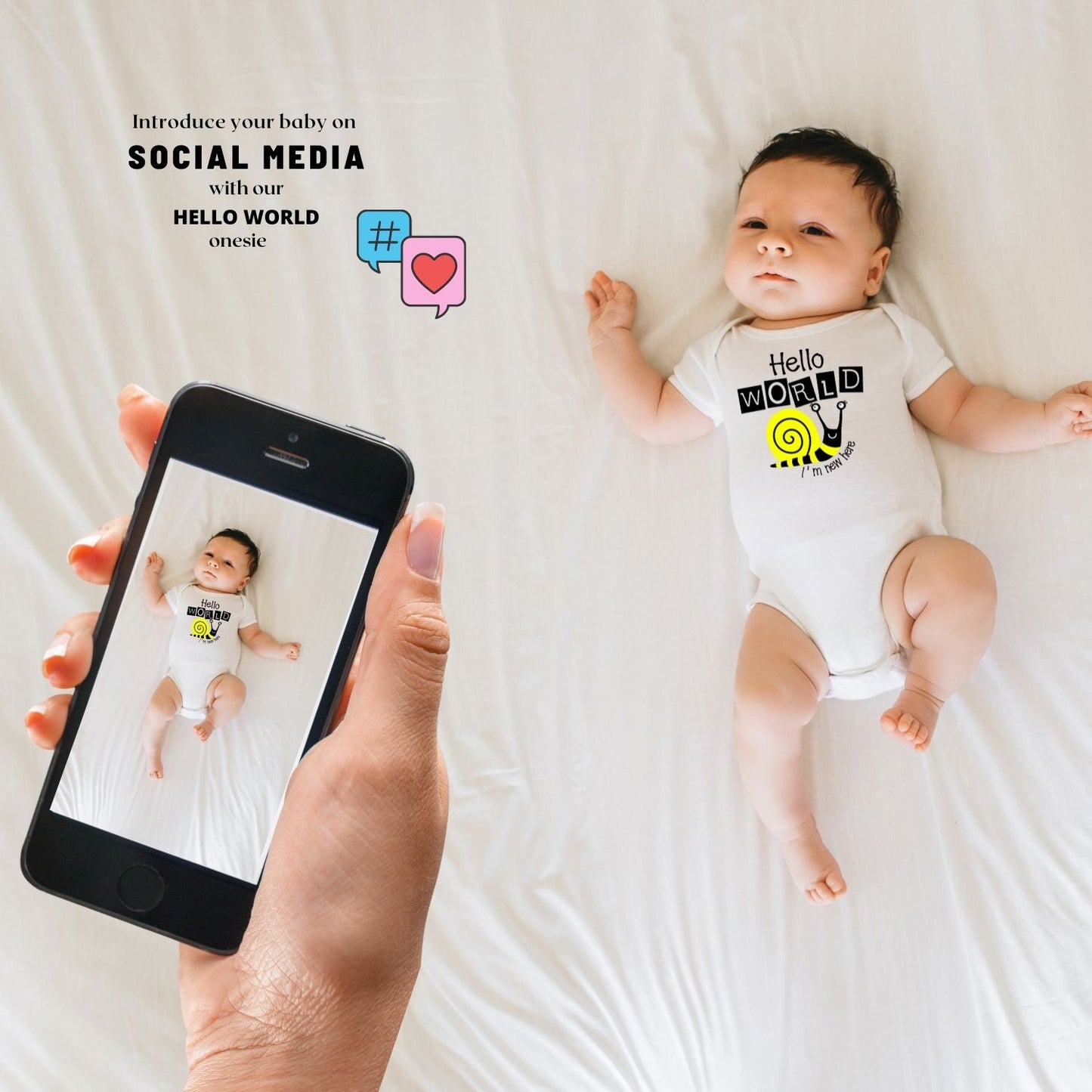 "Hello World, I'm New Here" Organic Cotton Baby Onesie