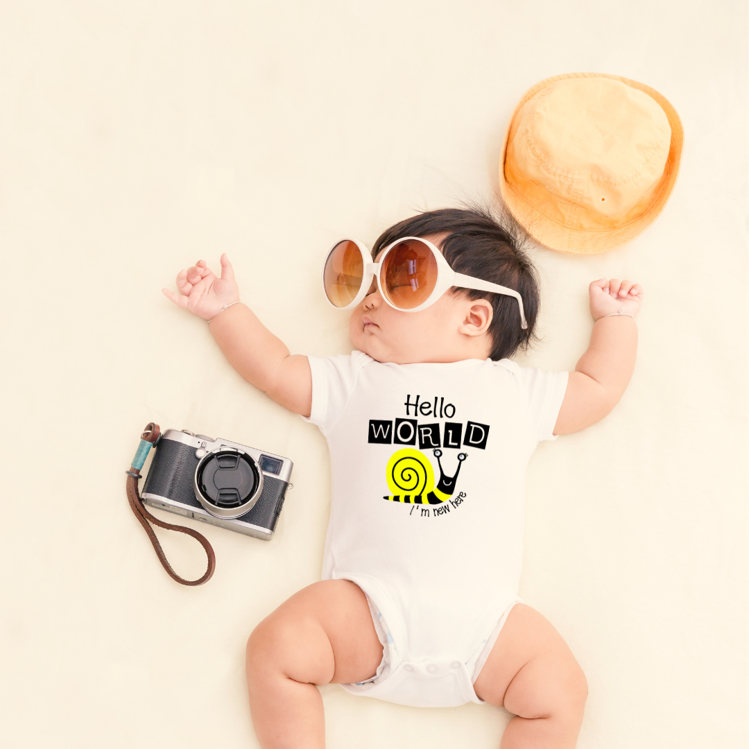 "Hello World, I'm New Here" Organic Cotton Baby Onesie