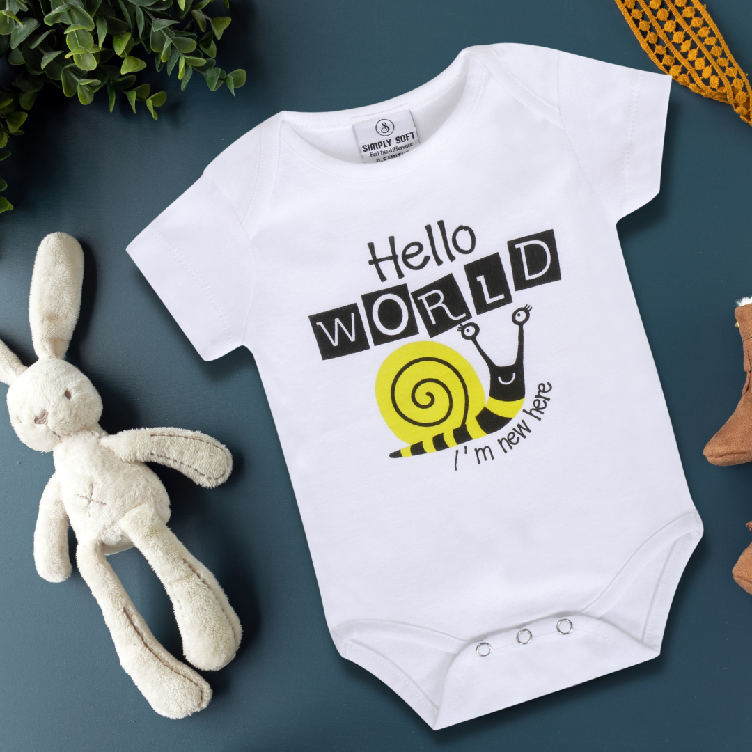 "Hello World, I'm New Here" Organic Cotton Baby Onesie